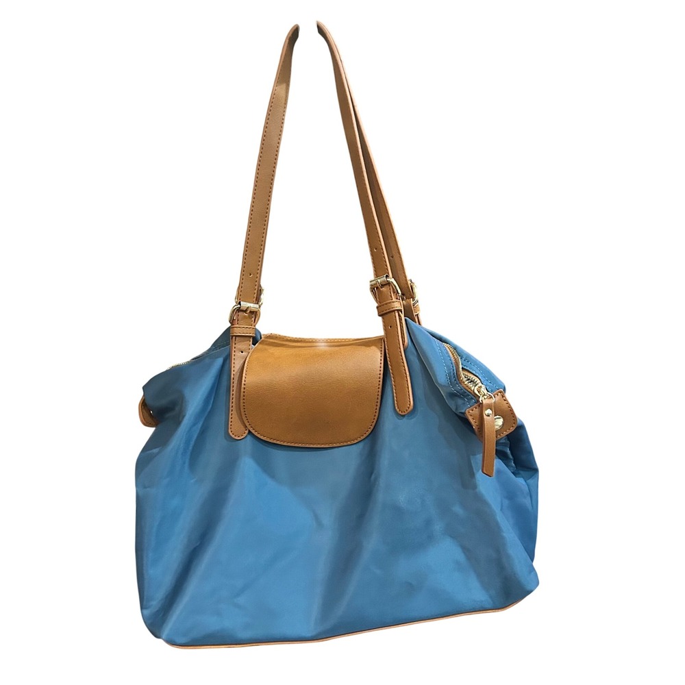 Blue Satchel Bag With Brown Leather Accents Shoulder Handbag‎ Purse